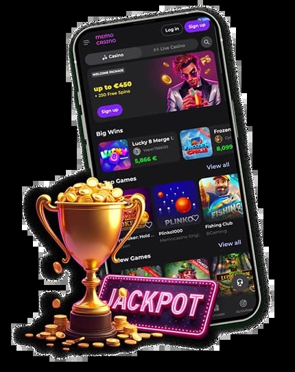 Screenshot of the Memo casino app interface on a mobile device, showing game lobby and navigation.